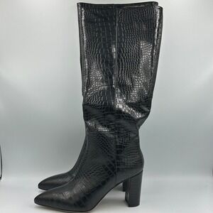Faux Crocodile Black Boots Knee High Women Riding Sz 8.5 Block Heel Pointed Toe